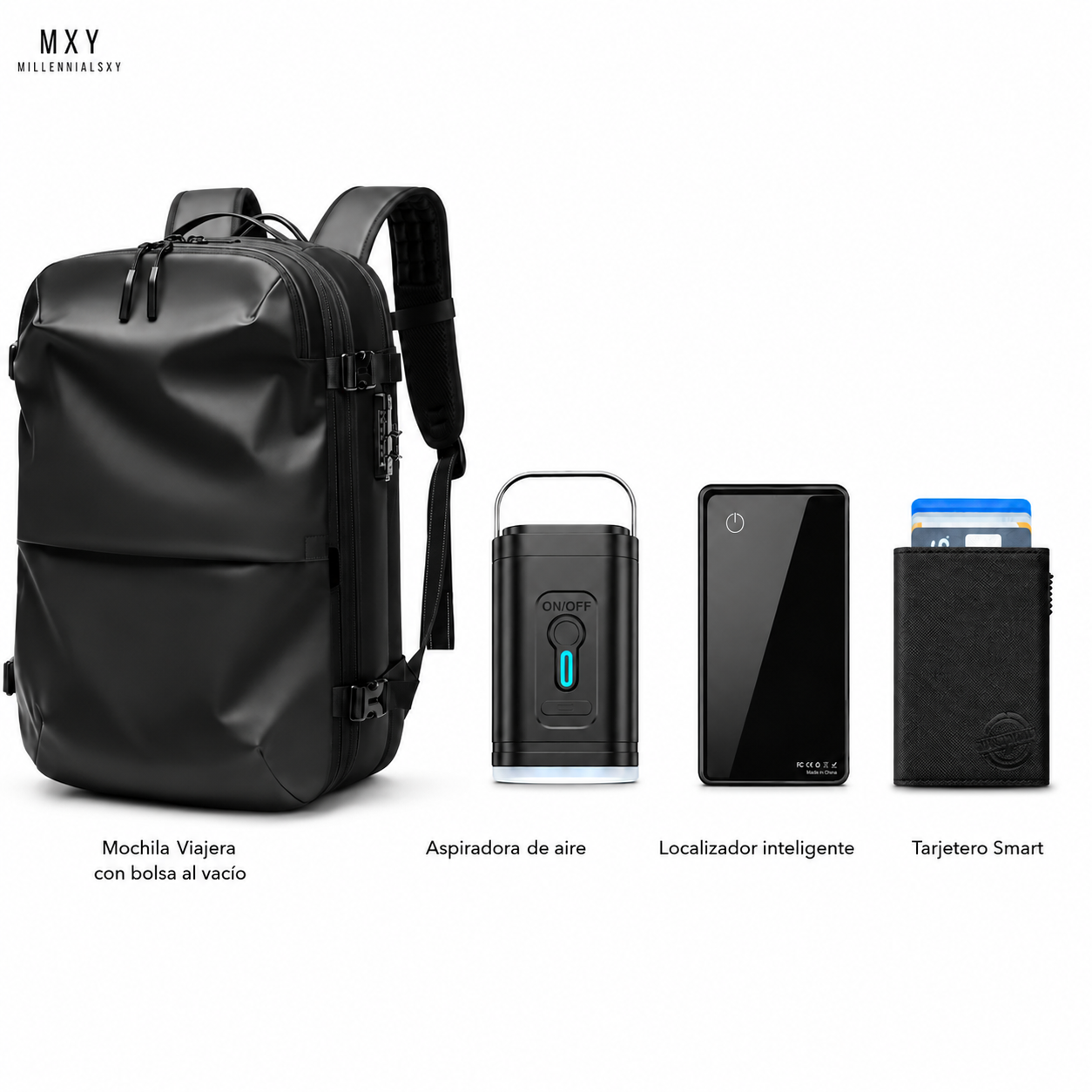 Kit Viajero Inteligente: Mochila Bolsa al vacio + Mini Bomba + Tarjeta de Seguimiento  + Tarjetero Smart de regalo