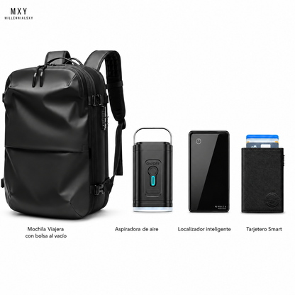 Kit Viajero Inteligente: Mochila Bolsa al vacio + Mini Bomba + Tarjeta de Seguimiento  + Tarjetero Smart de regalo