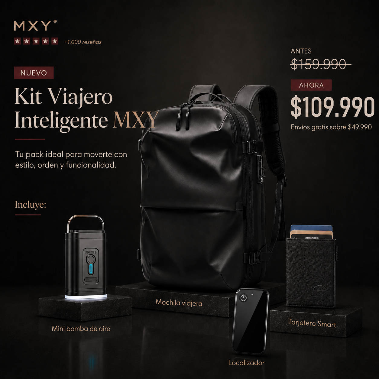 Kit Viajero Inteligente: Mochila Bolsa al vacio + Mini Bomba + Tarjeta de Seguimiento  + Tarjetero Smart de regalo