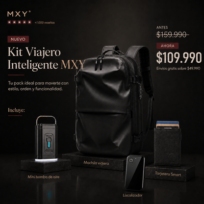 Kit Viajero Inteligente: Mochila Bolsa al vacio + Mini Bomba + Tarjeta de Seguimiento  + Tarjetero Smart de regalo