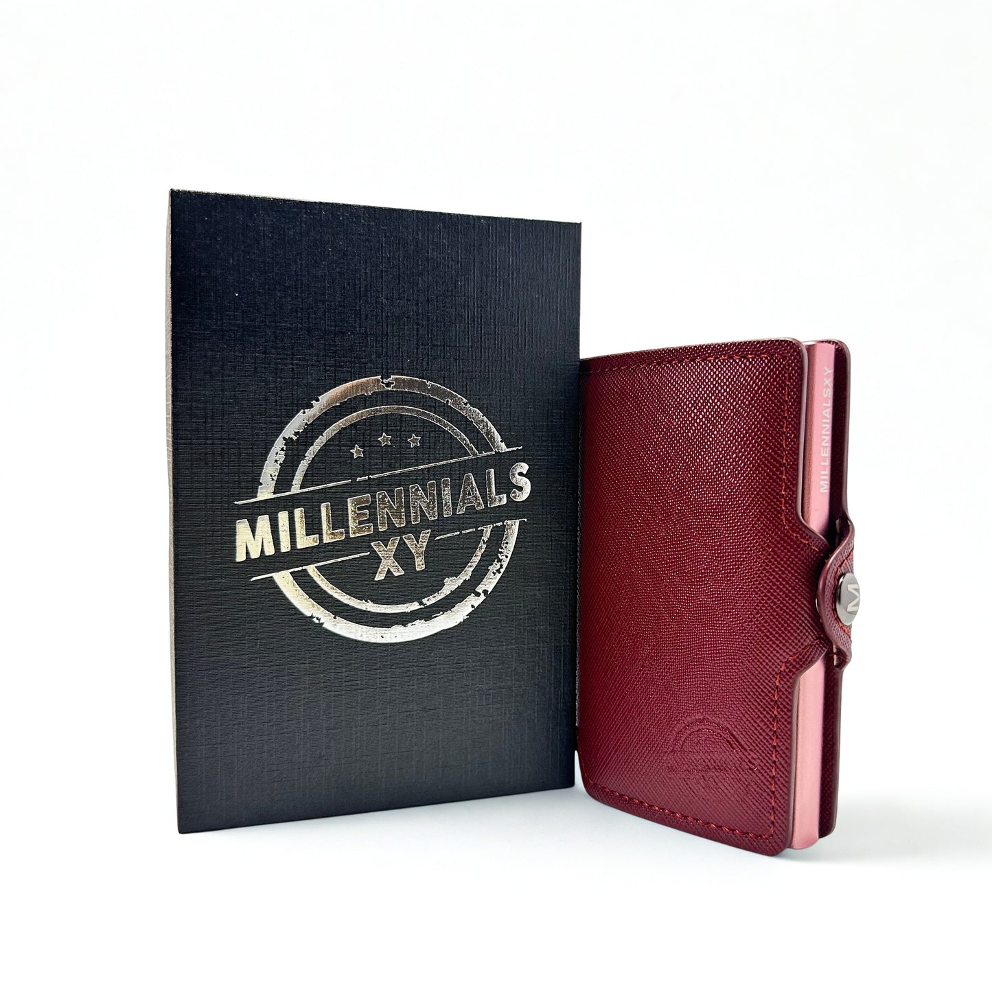 Tarjetero con caja de pie Burdeos y Rosado