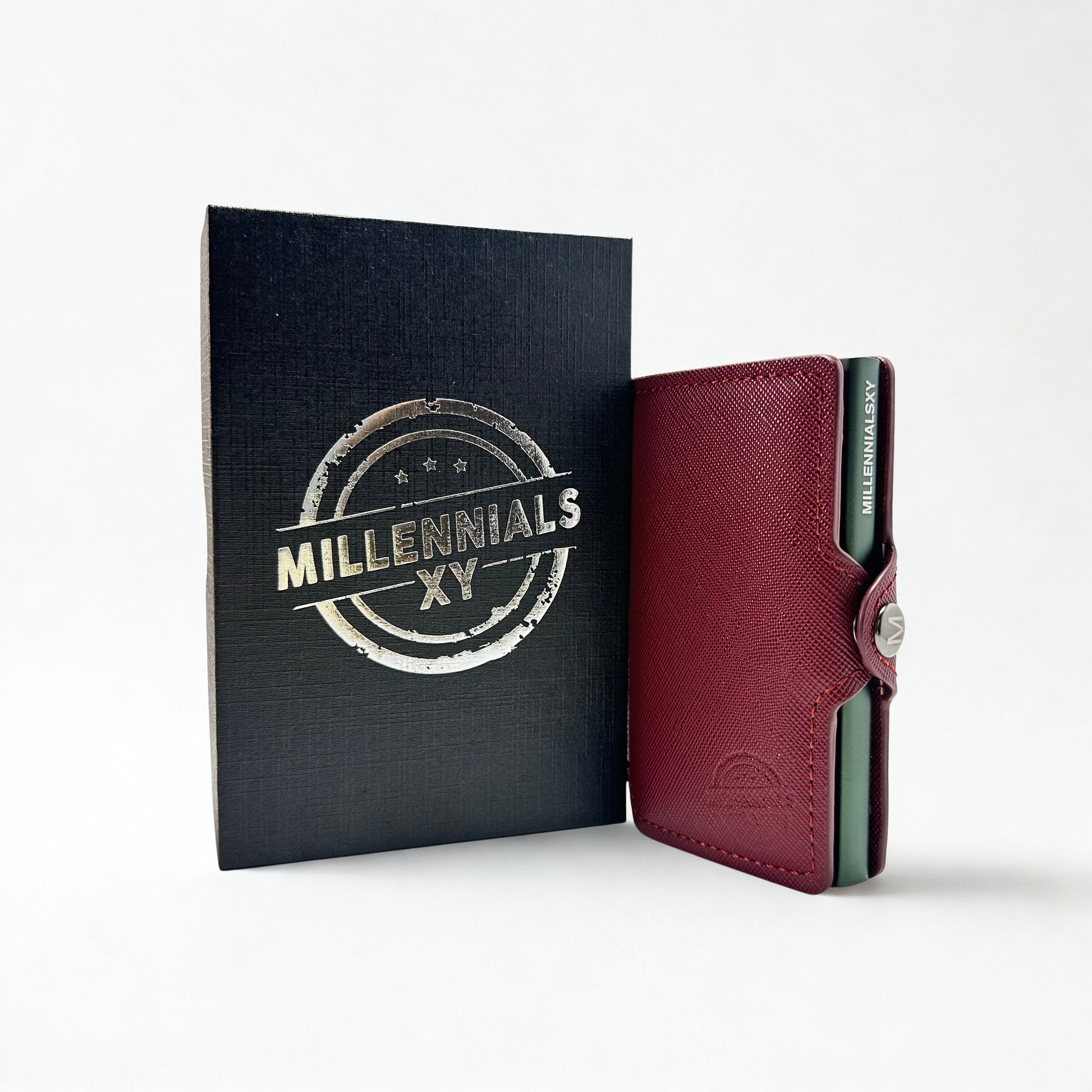 Tarjetero con caja de pie Burdeos y Verde