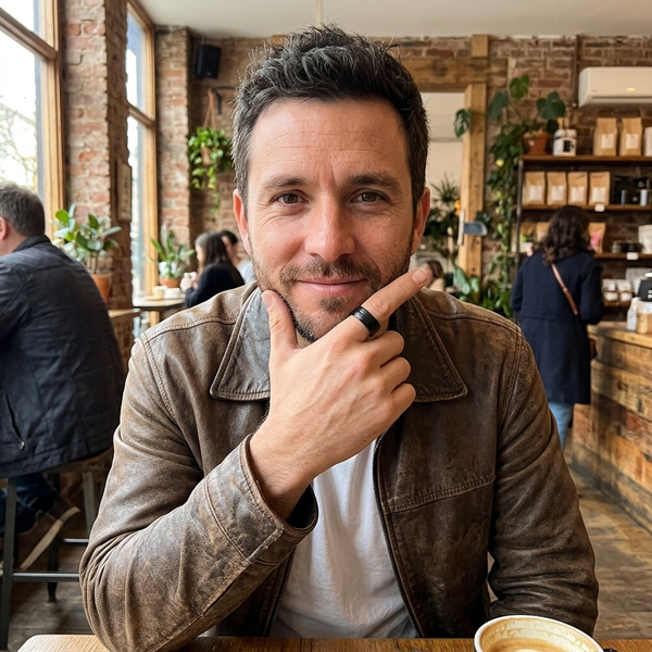 Hombre con anillo MillennialsXY en una cafetería