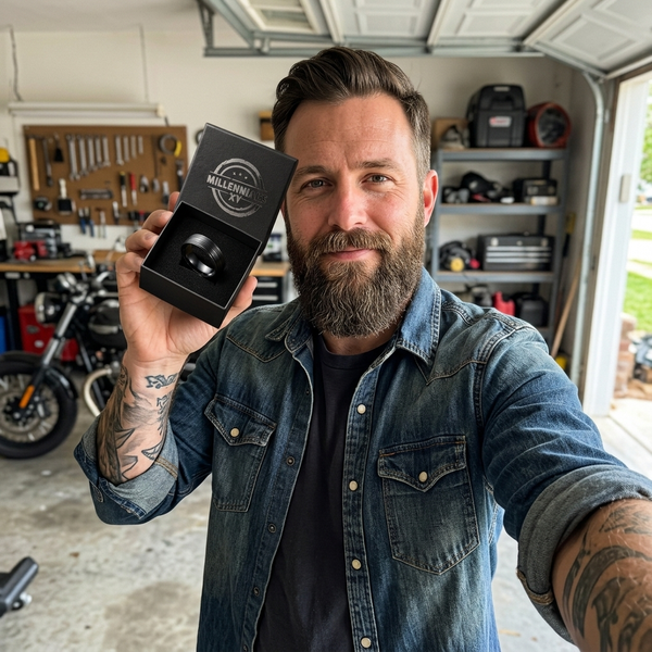 Hombre con la caja MillennialsXY junto a su moto