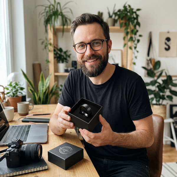 Hombre en su estudio con la caja MillennialsXY