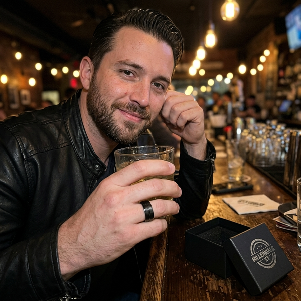 Hombre en un bar con anillo y caja MillennialsXY